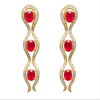 18K Gold Ruby Baguette Diamond Drop Earrings