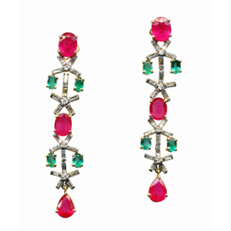 18 KT Gold Ruby & Emerald Diamond Drop Earrings