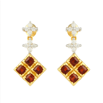 Square Garnet Drop 18 KT Gold Diamond Earrings