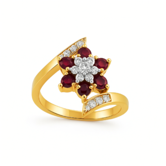 18 KT Yellow Gold Ruby & Diamond Floral Ring