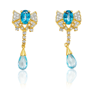 18 KT Yellow Gold Elegant Blue Topaz Diamond Drops