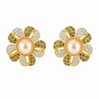 18 KT Gold Pearl with Black & White Diamond Stud Earrings