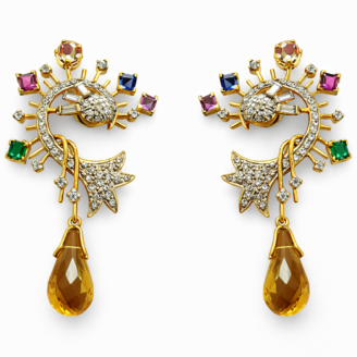 18 KT Gold Multi-Stone Diamond Statement Earrings