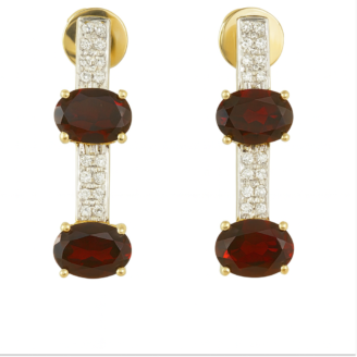 18 KT Yellow Gold Oval Garnet Diamond Earrings