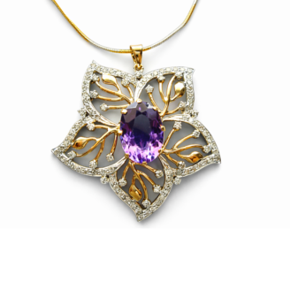 18 KT Gold Diamond Amethyst Floral Pendant